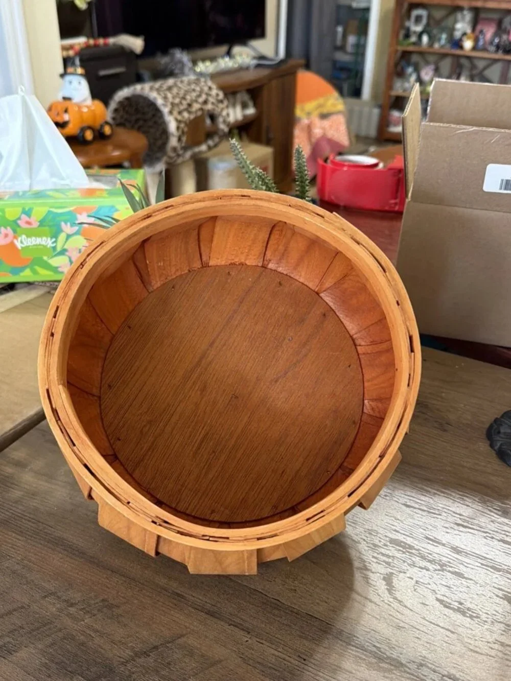 Orange Wooden Pumpkin Bushel Style Basket with Cover